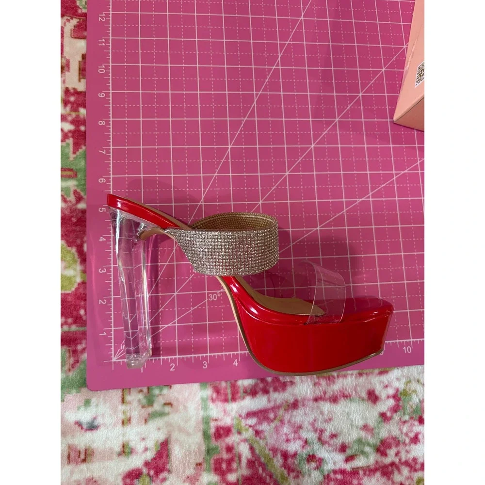 Kayleen Red Patent Rhinestone Platform Sandals Clear Block Heel Billy-7 Size 6.5